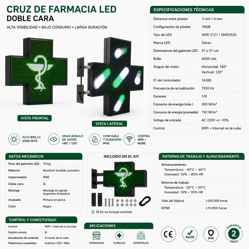 Letrero LED para Farmacia de Alta Calidad - Cruz de Farmacia con Pantalla LED 576*576 mm