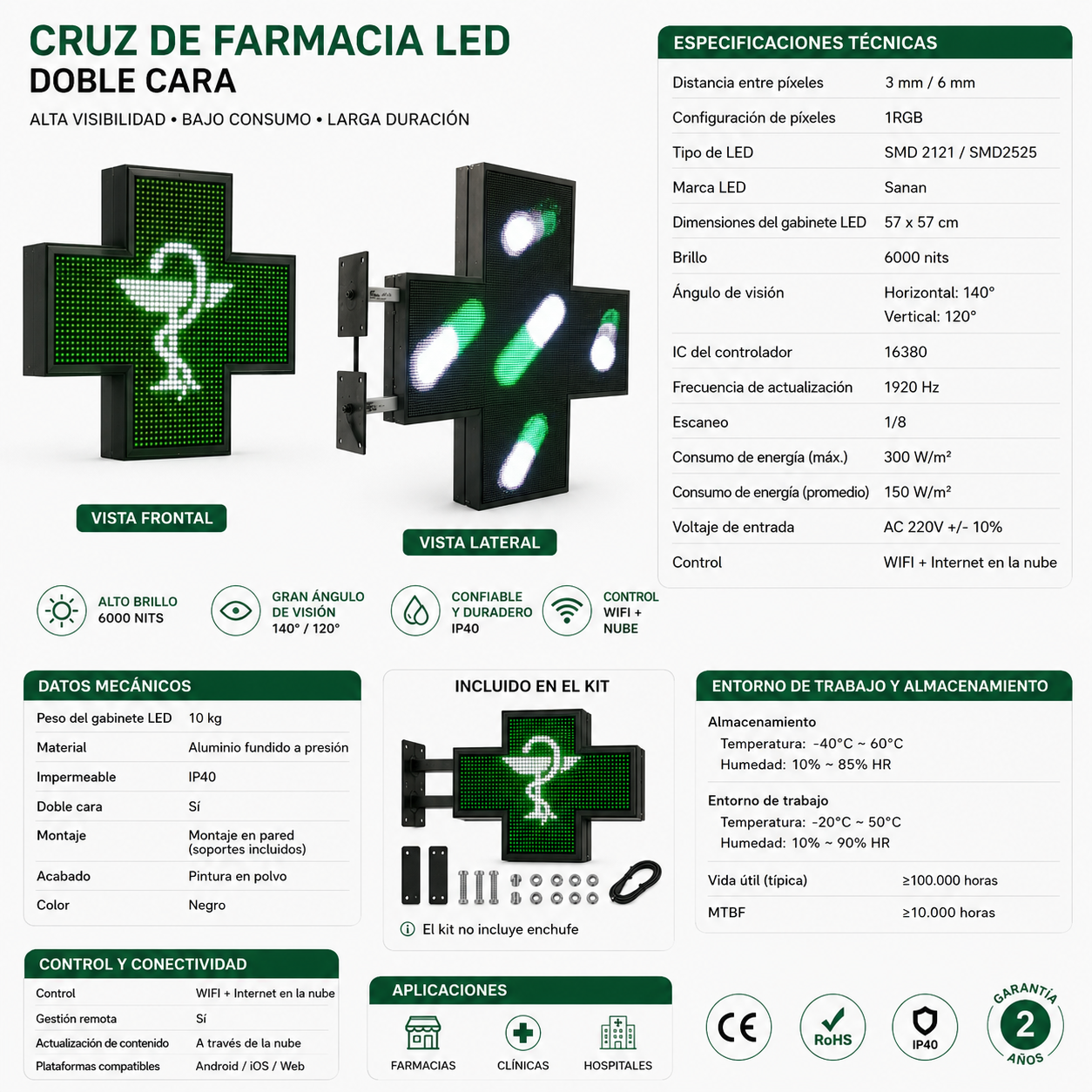 Letrero LED para Farmacia de Alta Calidad - Cruz de Farmacia con Pantalla LED 576*576 mm