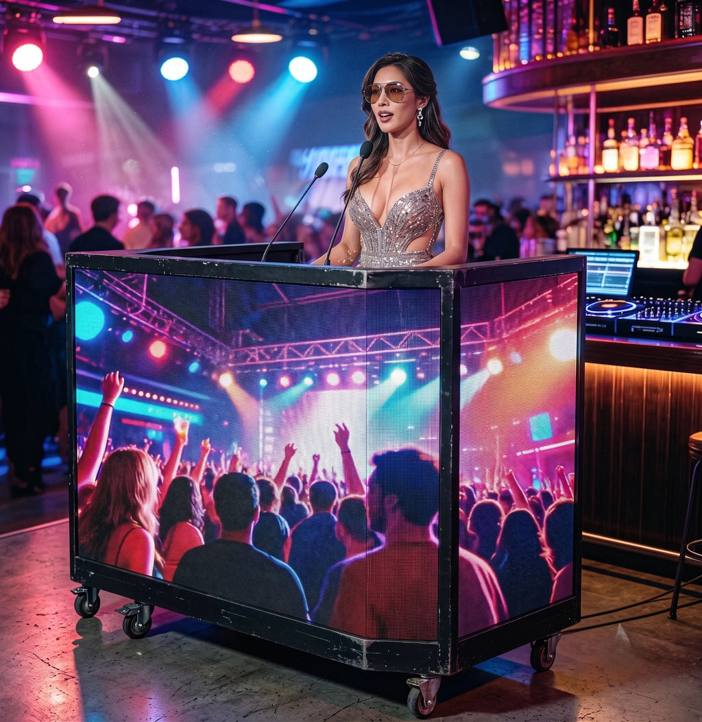 Barra de bar móvil con pantalla LED integrada, pantalla plegable portátil para la disposición de la barra.