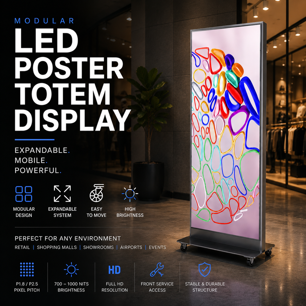 Tótem de exposición modular con pantalla LED y expansión sin fisuras